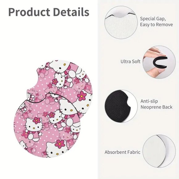 2 Car Coasters Hello Kitty Sanrio Car Drink Auto Vehicle Neoprene Goth Emo - Picture 3 of 4